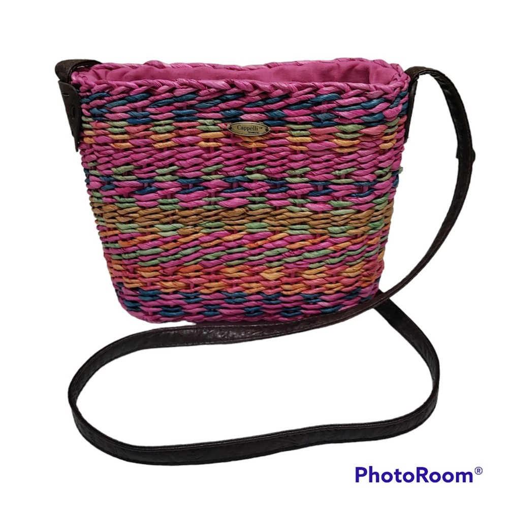 Cappelli Straworld Small Straw Cornhusk Bucket Crossbody Purse- Pink Multi-Color